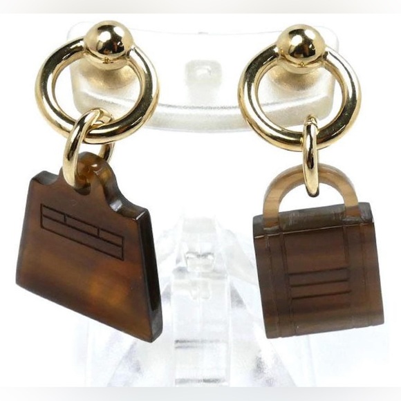 Hermès Authentic Amulet Maroquinier Kelly Cadena Earrings Brown Golden New W Box - Picture 2 of 16